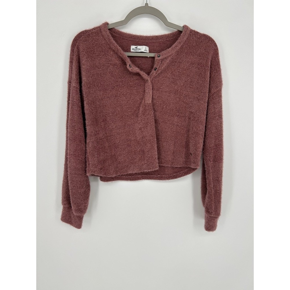 Hollister Womens Sweater Small Mauve Fuzzy Knit Cropped Henley Y2K Boho Indie